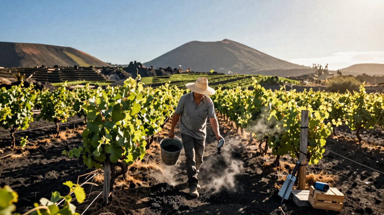 Agricultor com chapéu rega plantas em vinha sob o sol, com montanhas ao fundo.