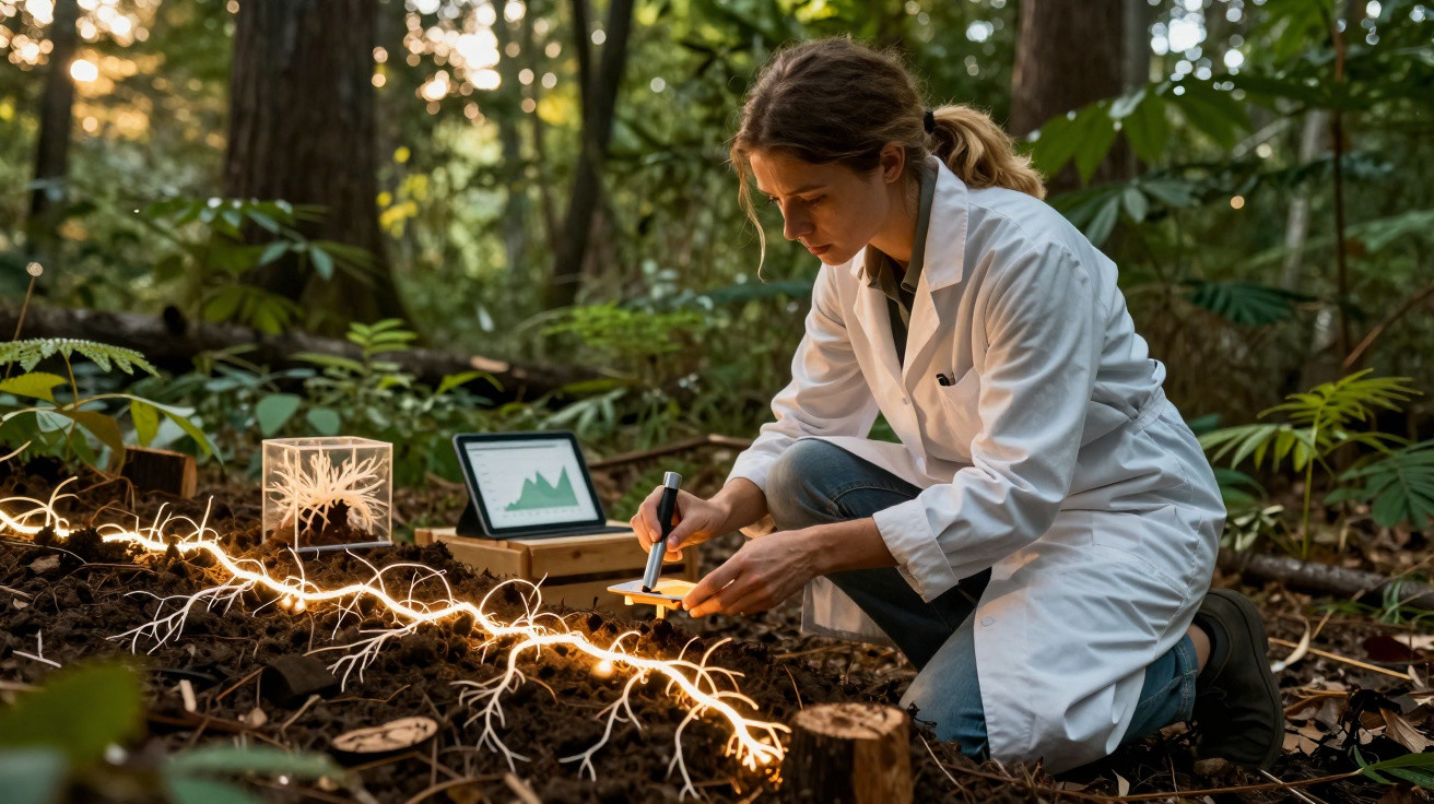 Mulher cientista analisa amostra do solo na floresta com tablet e iluminação artificial simulando raízes.