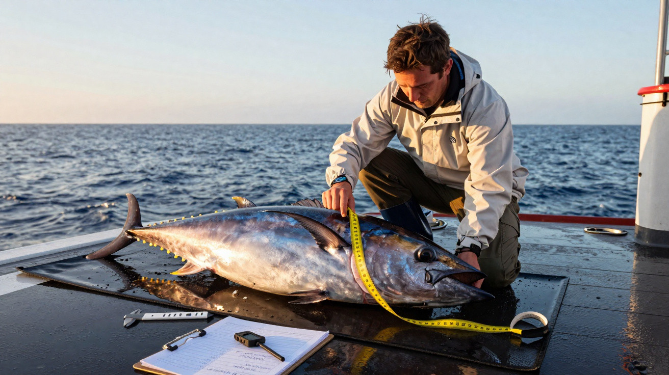 Homem mede um atum grande num barco de pesca no mar durante o dia.