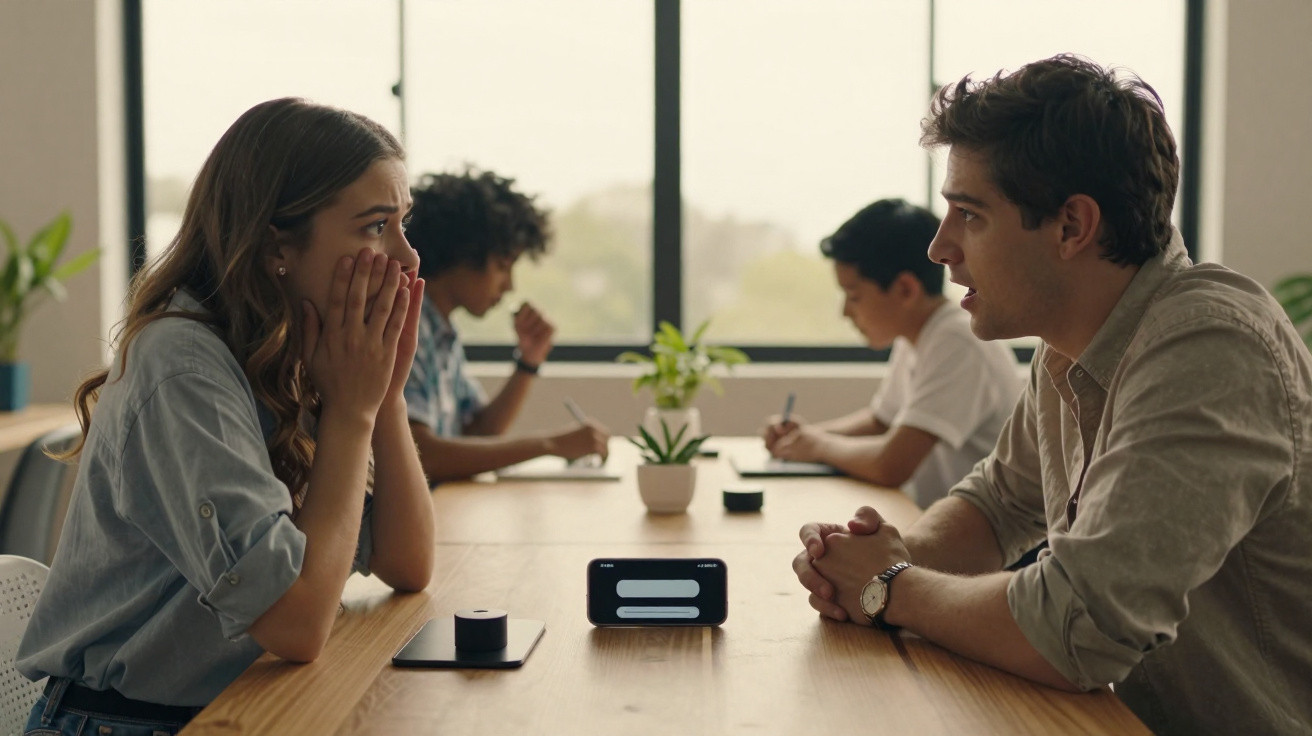 Quatro jovens numa sala, duas pessoas em primeiro plano conversam seriamente sentadas à mesa.