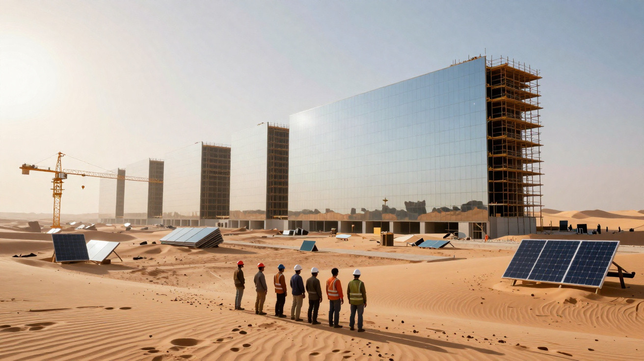 Equipa de trabalhadores com capacetes observa edifícios espelhados e painéis solares num deserto com grua.