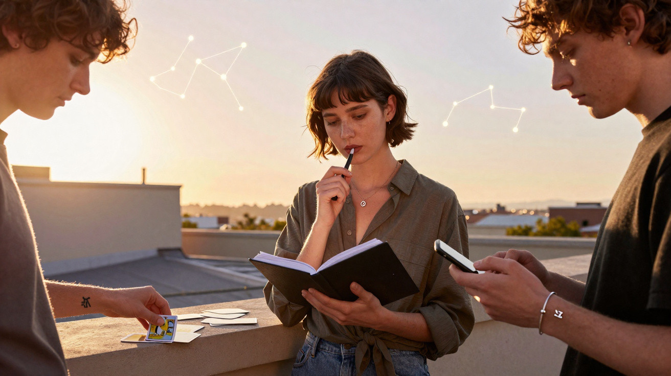 Três jovens em terraço ao pôr do sol, um lê um livro, outro usa telemóvel e outro manuseia cartas.