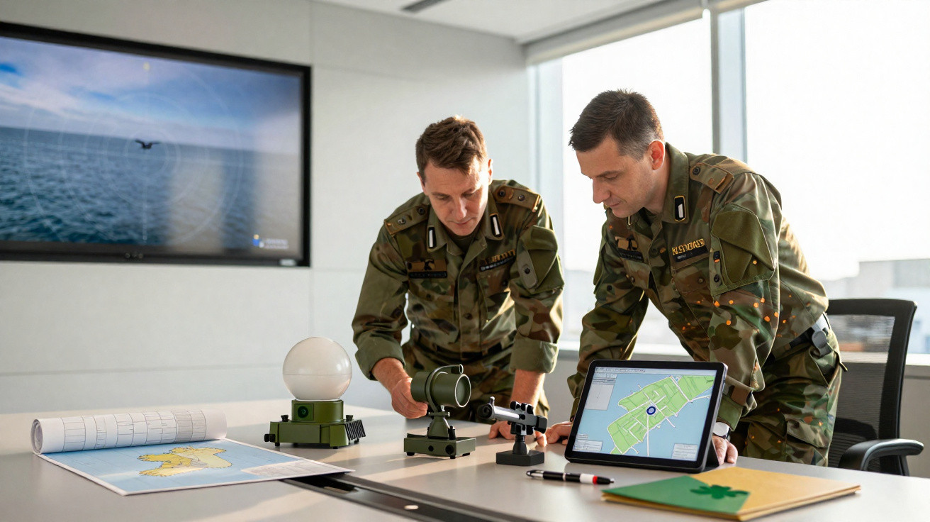 Dois militares em uniforme analisam mapas, equipamentos e um tablet numa sala de reuniões iluminada.
