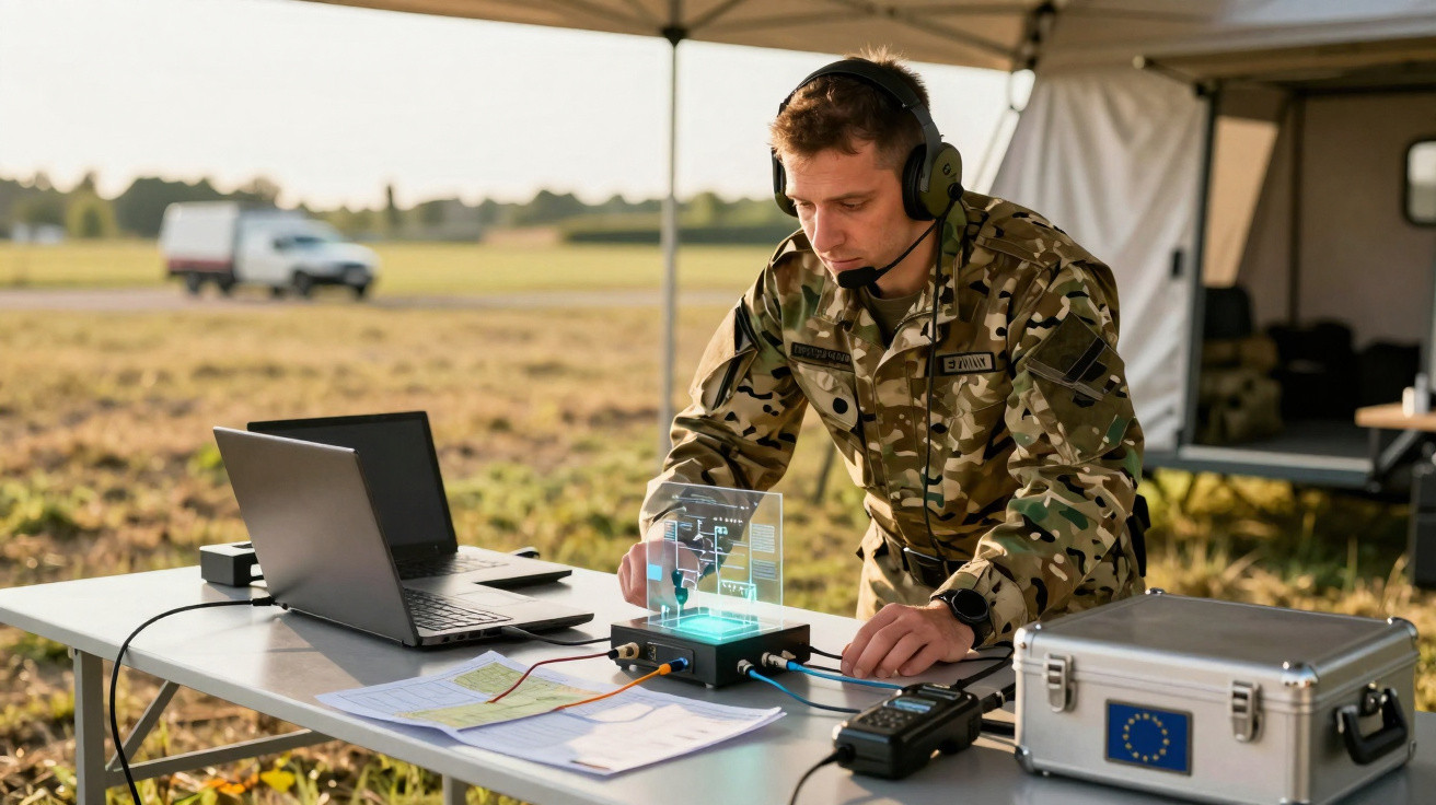 Militar em uniforme camuflado usando auscultadores com microfone, operando equipamento tecnológico ao ar livre.
