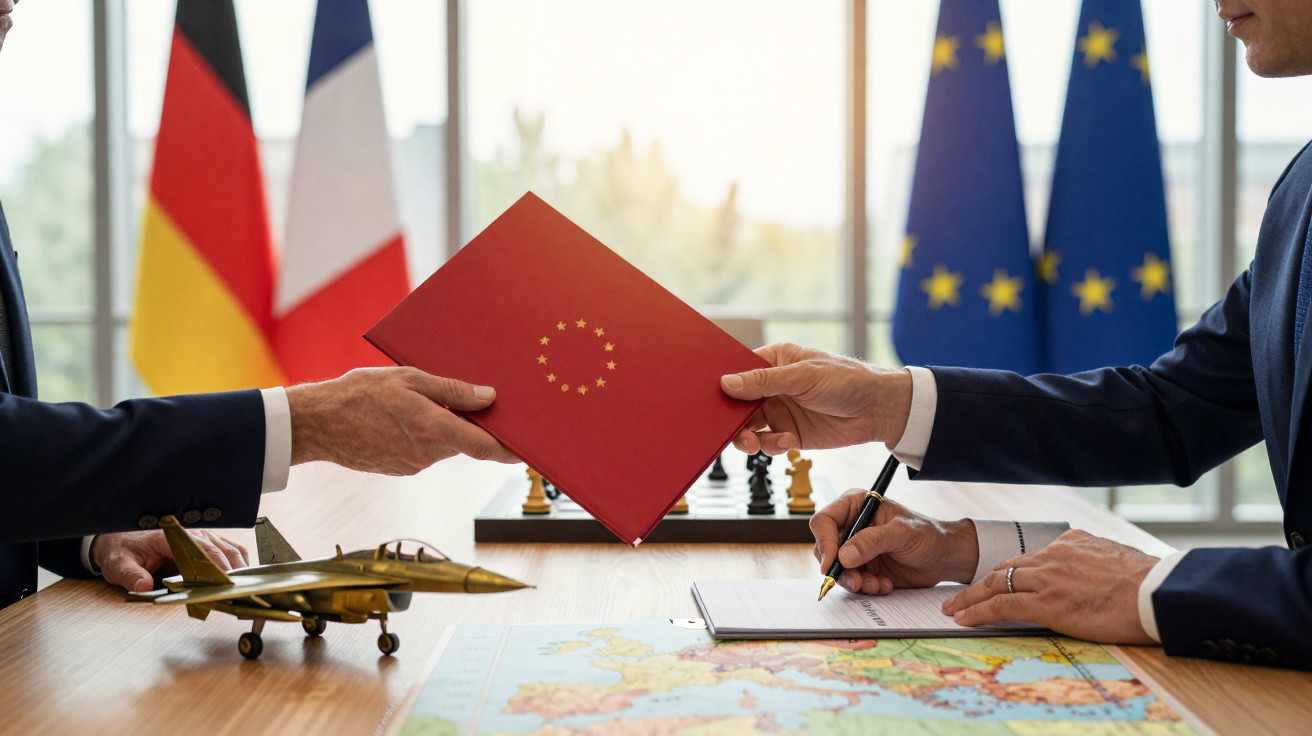 Duas pessoas em fato a trocar um dossiê vermelho com estrelas da UE, com bandeiras da Alemanha e Europa ao fundo.