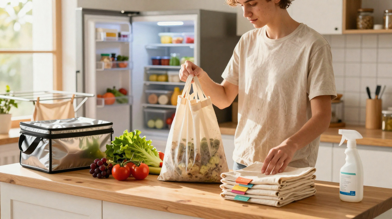 Pessoa guarda legumes numa sacola reutilizável na cozinha com frutas e legumes na bancada.