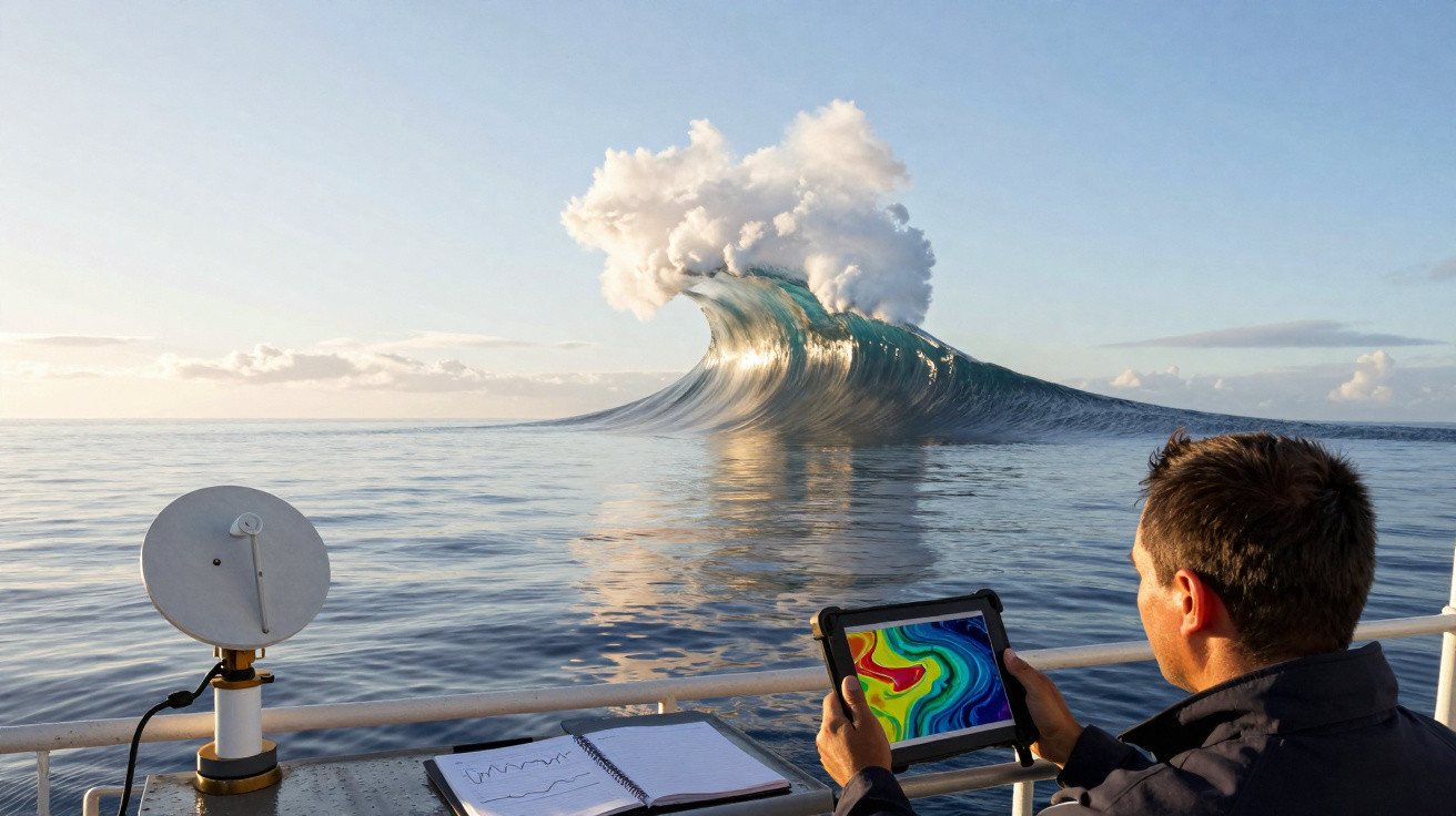 Homem observa no mar uma onda gigante com formato de nuvem, usando tablet colorido num barco.