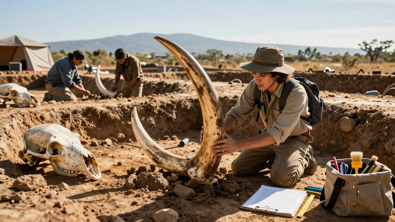Pessoa a escavar e analisar uma presa fóssil gigante num sítio arqueológico ao ar livre.