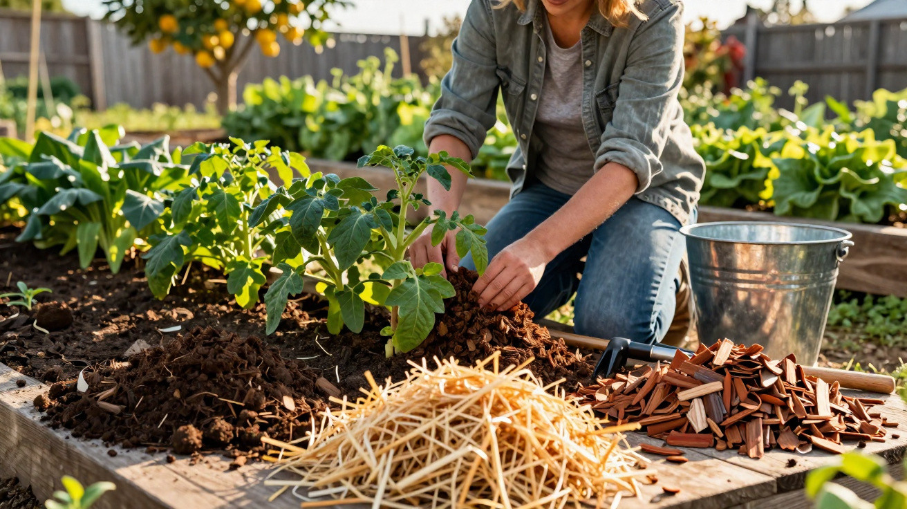 Pessoa a plantar tomateiros numa horta com ferramentas e materiais de jardinagem ao lado.