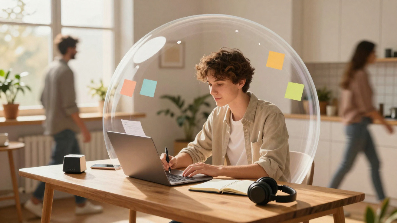 Pessoa a trabalhar num computador portátil dentro de uma bolha transparente com notas em papel coladas.