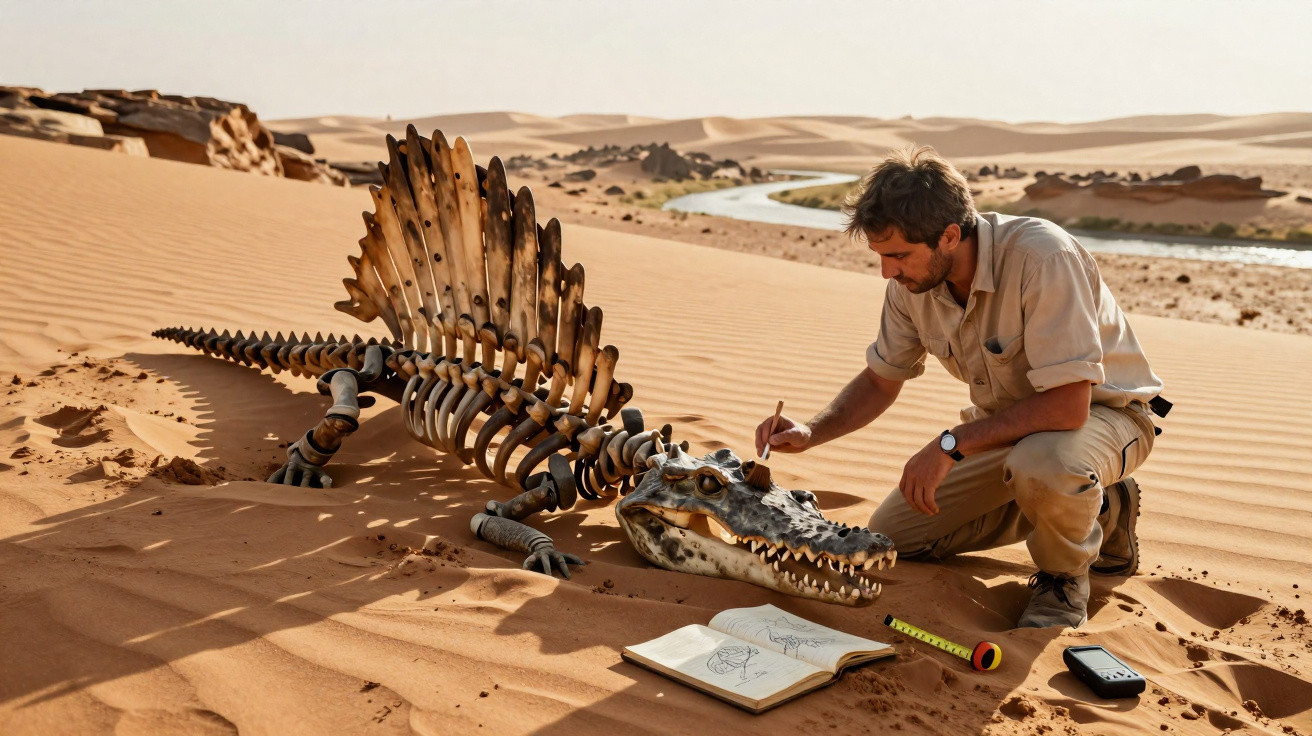Homem a estudar esqueleto de um réptil gigante no deserto com caderno e ferramentas de medição.