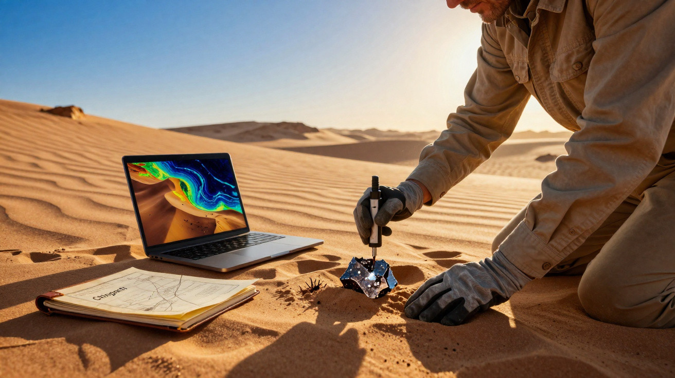 Pessoa com luvas a analisar meteorito no deserto com computador portátil e pasta ao lado.