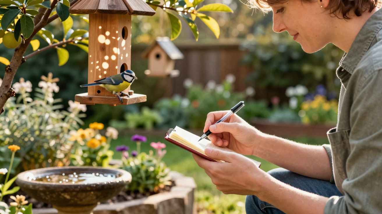 Pessoa a escrever num caderno num jardim com comedouro de pássaros e um pássaro pousado nele ao pôr do sol.