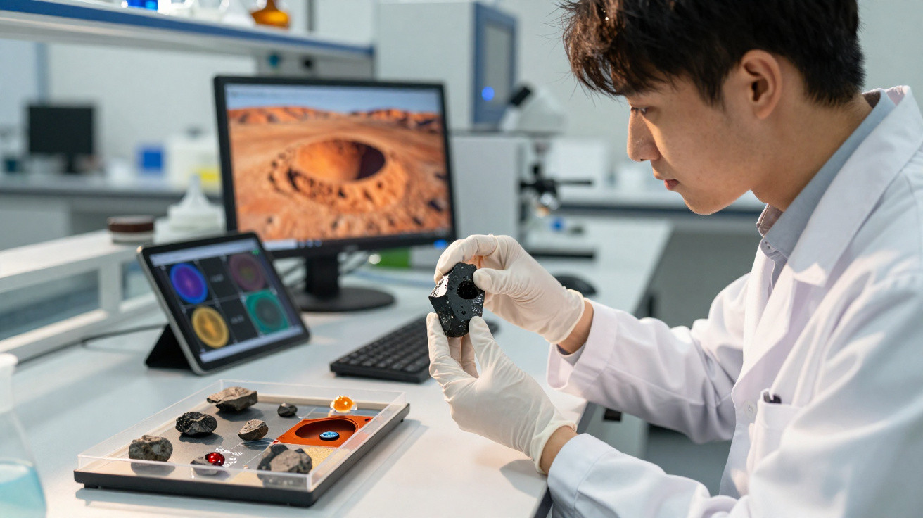 Cientista em laboratório a analisar uma rocha espacial com imagens de Marte no ecrã.