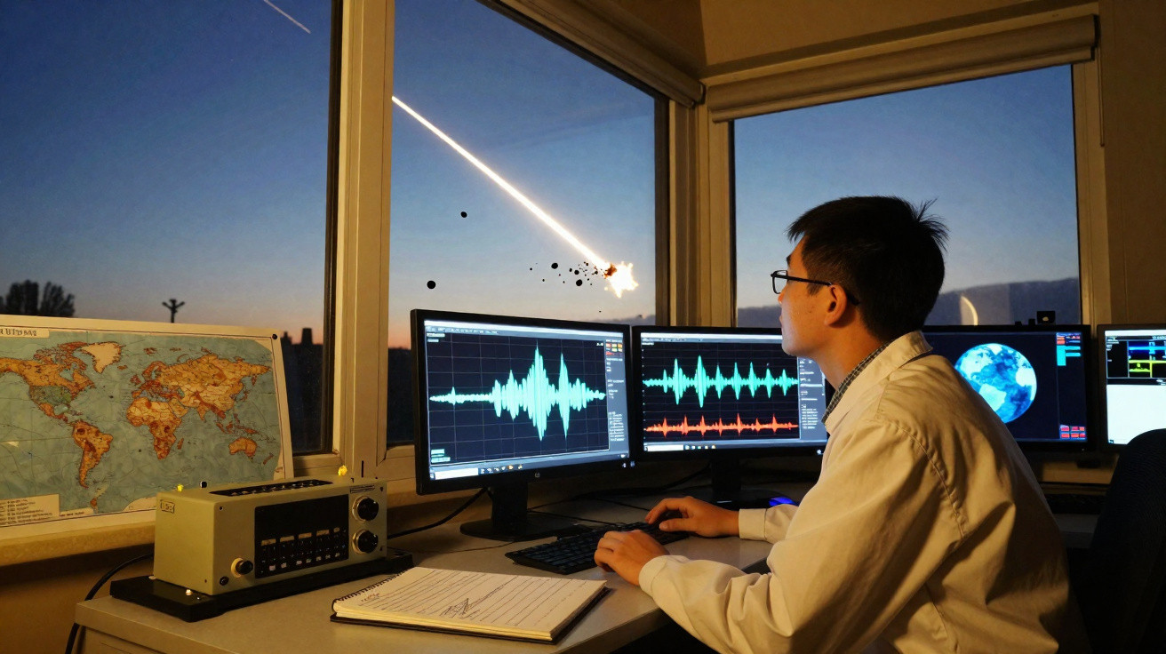 Homem a observar dados sísmicos em múltiplos ecrãs enquanto um meteorito entra na atmosfera ao entardecer.