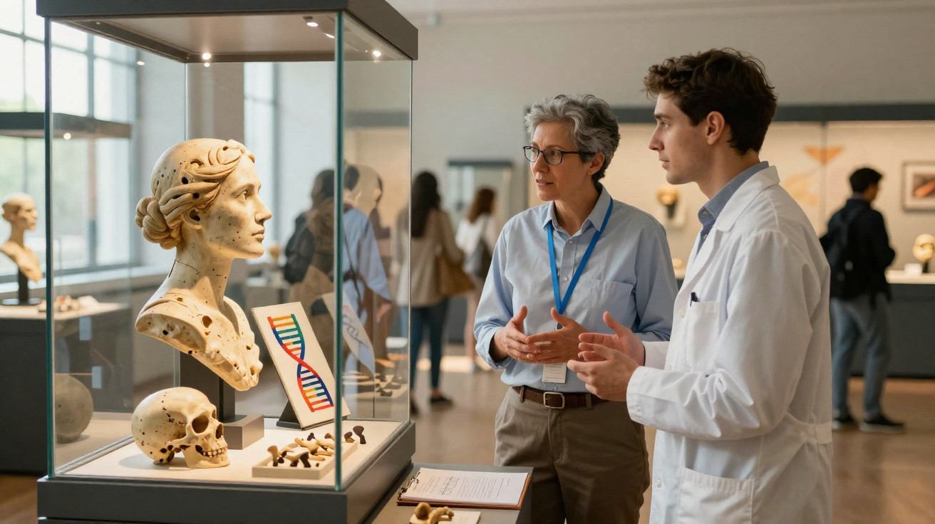 Dois especialistas discutem artefatos arqueológicos em museu, incluindo busto antigo, crânio e DNA.