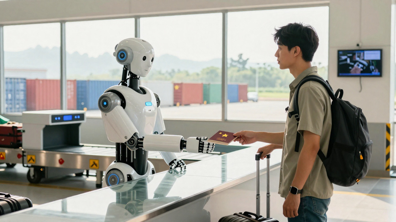 Jovem entrega passaporte a robot para controlo de segurança num aeroporto moderno com bagagens.