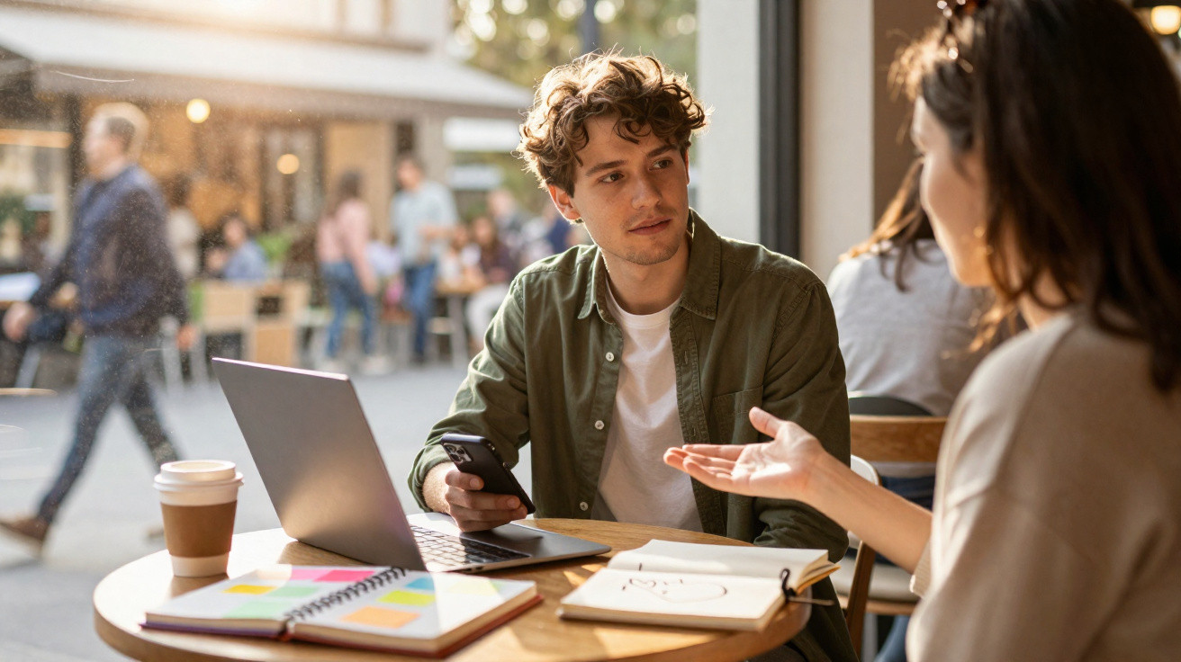 Dois jovens conversam numa esplanada com laptop, caderno e café numa mesa circular.