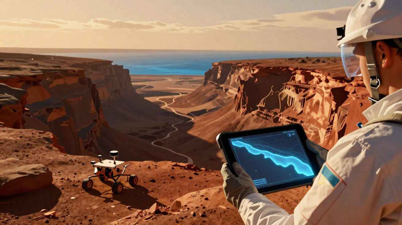 Astronauta com tablet monitora rover em paisagem desértica e montanhosa, céu azul amplo ao fundo.