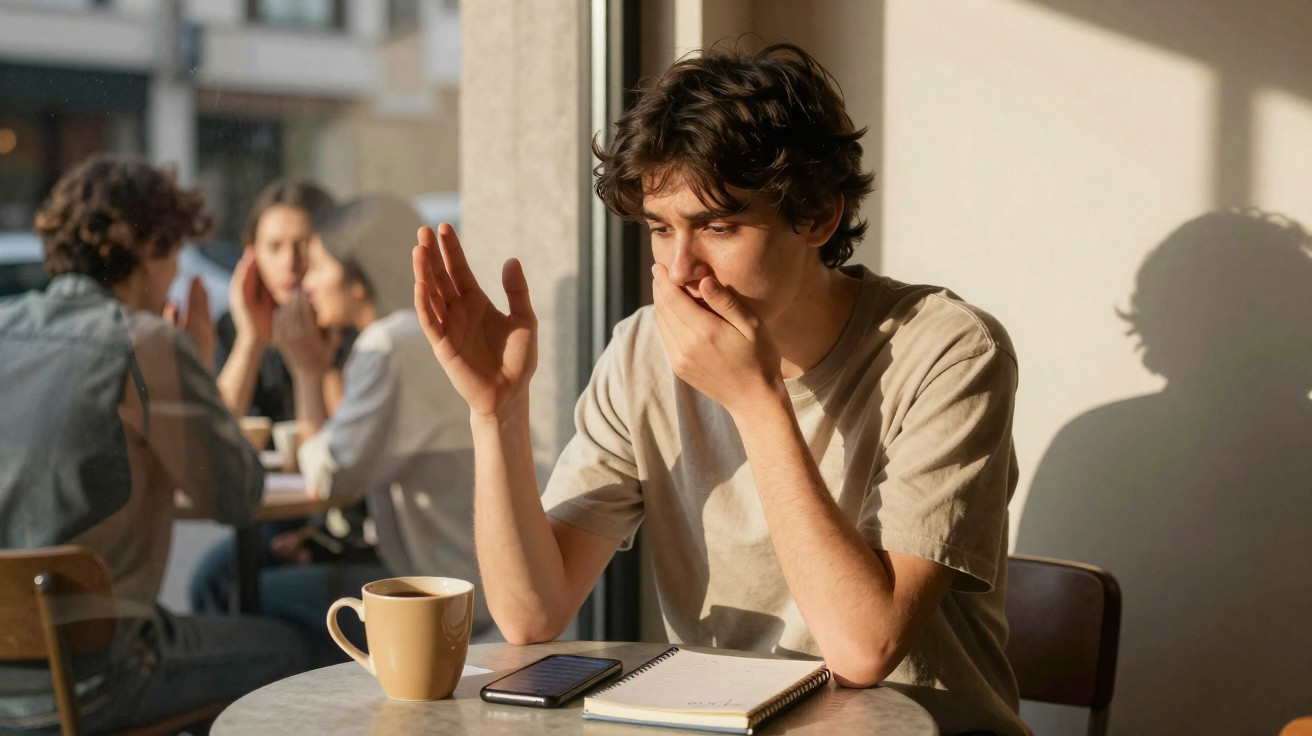 Jovem preocupado sentado à mesa com uma chávena, caderno e telemóvel numa cafetaria iluminada pelo sol.