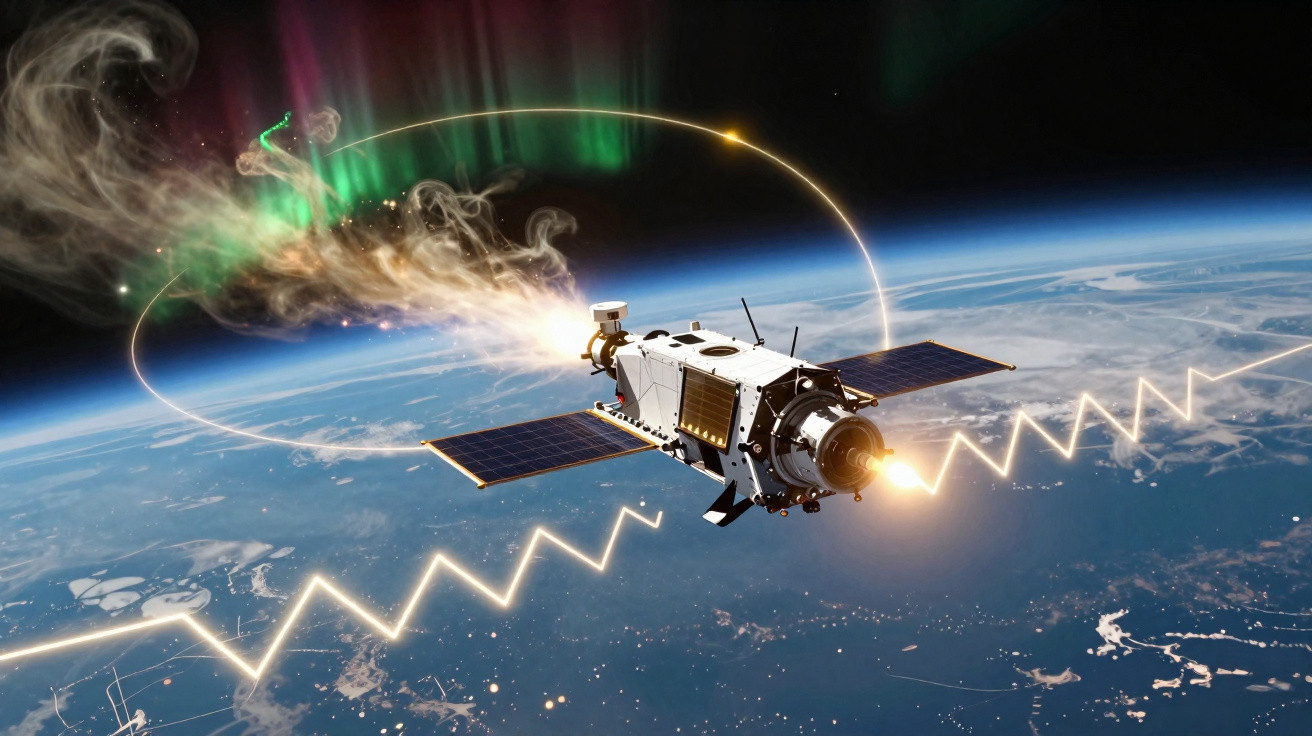 Satélite a orbitar a Terra com aurora boreal e linhas luminosas no espaço ao fundo.