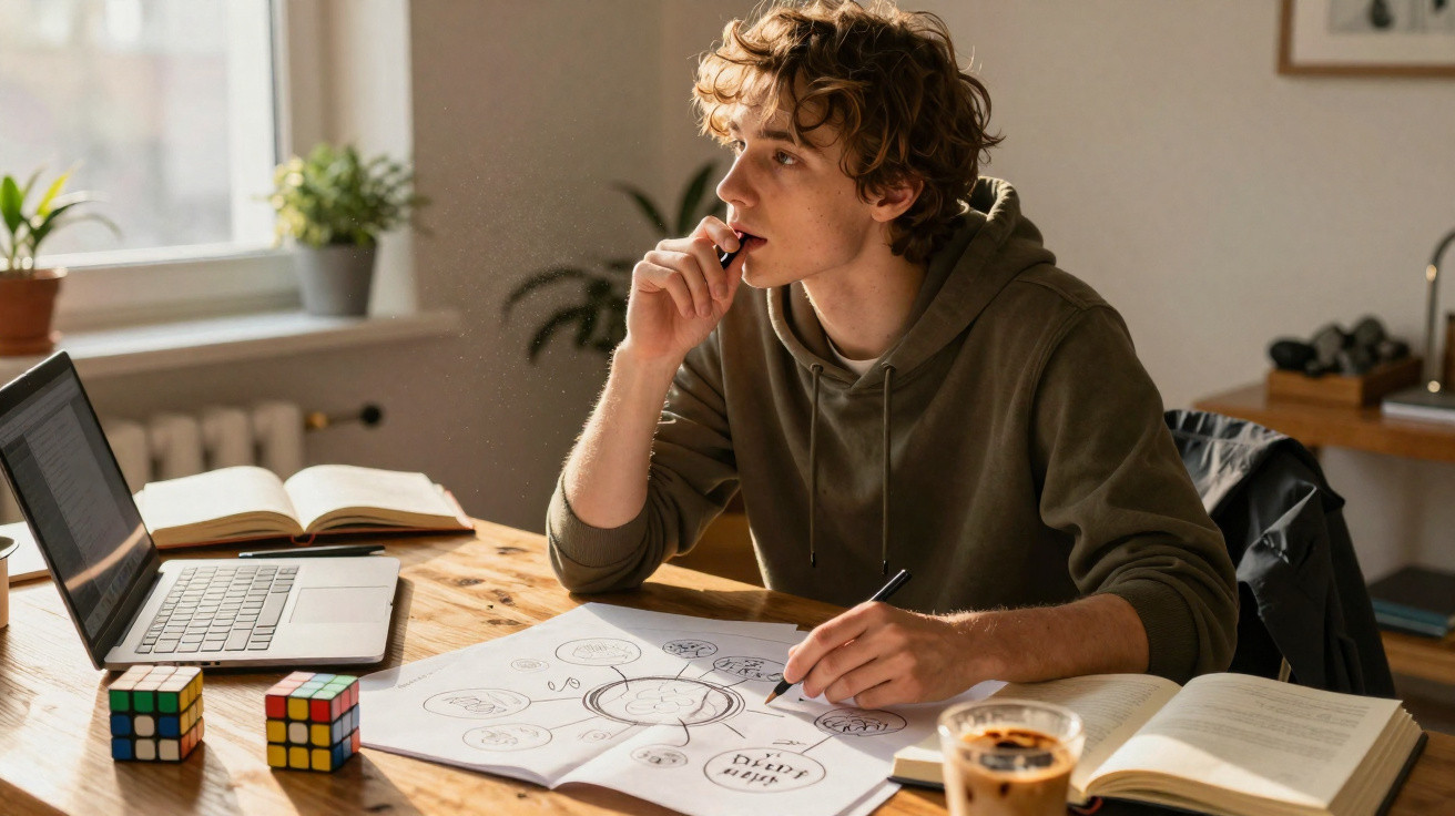 Jovem a pensar enquanto estuda, com laptop, livros e cubos mágicos numa mesa iluminada pela janela.