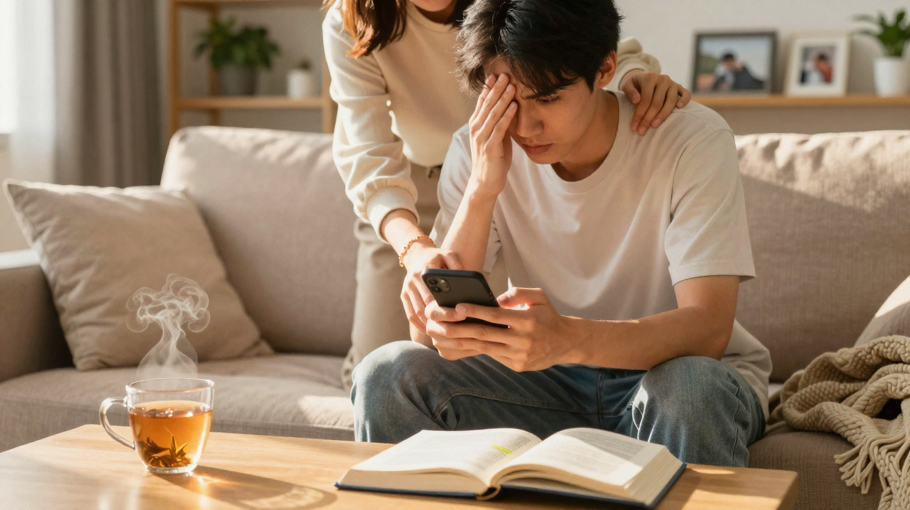 Homem preocupado com smartphone na mão e mulher a confortá-lo no sofá, livro aberto e chá quente na mesa.