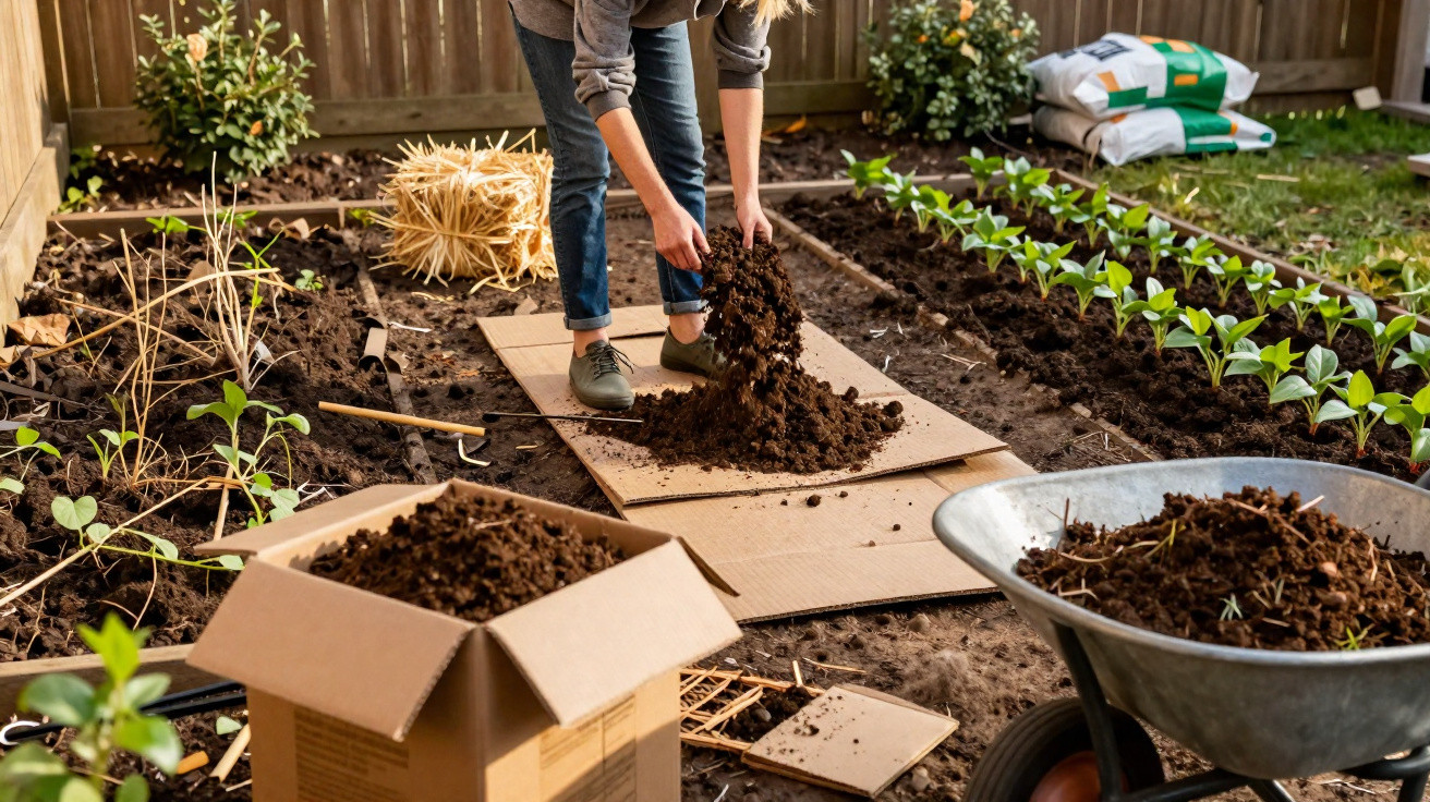 Pessoa a preparar canteiro de terra para jardinagem numa horta com plantas e ferramentas ao redor.