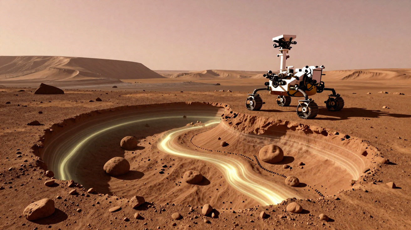 Rover explorando uma cratera iluminada com trilhos de luz no terreno árido de Marte.