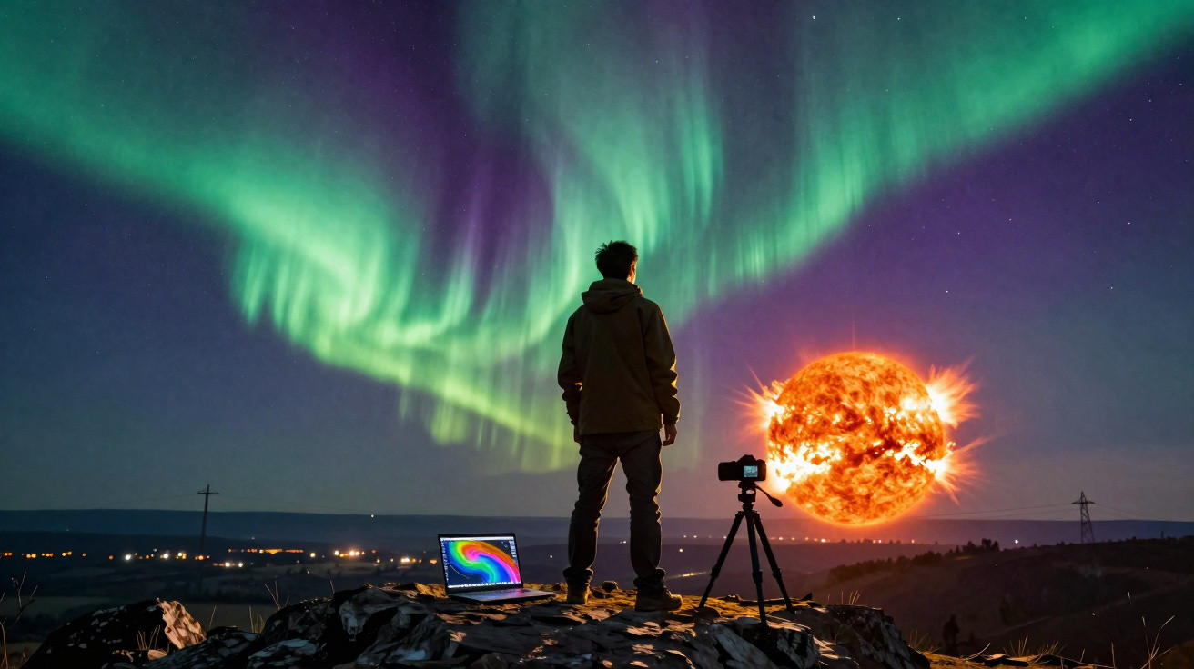 Pessoa de pé com laptop e tripé observa aurora boreal e sol gigante no céu noturno sobre colina.