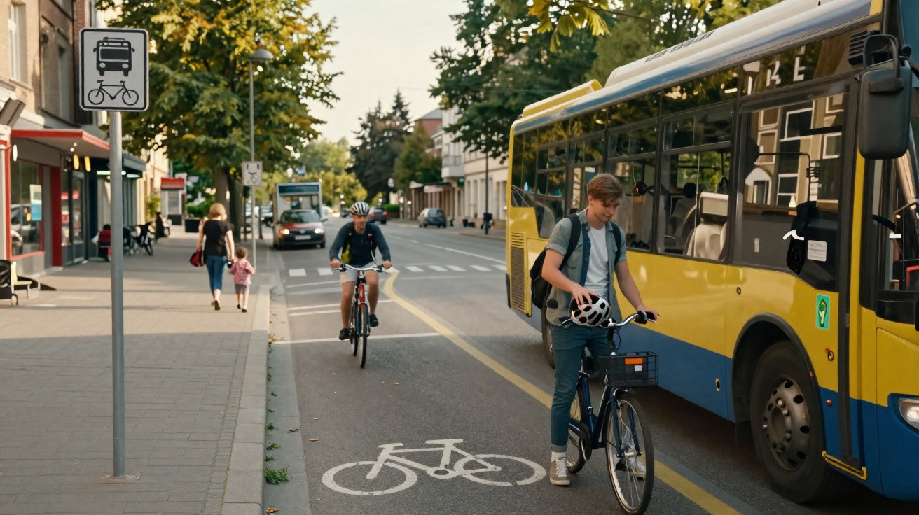 Ciclistas na ciclovia ao lado de autocarro amarelo numa rua urbana com árvores e peões na calçada.