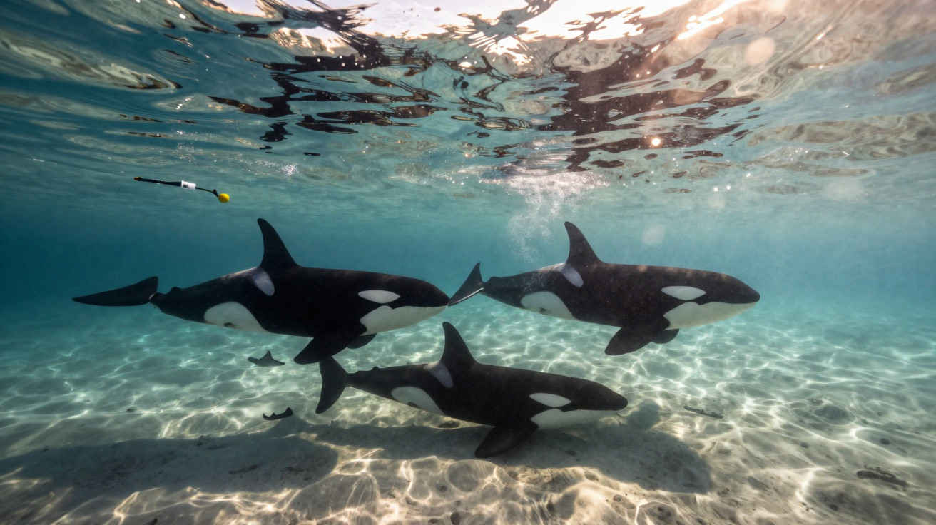 Três orcas nadam em água clara e rasa com fundo arenoso iluminado pelo sol.