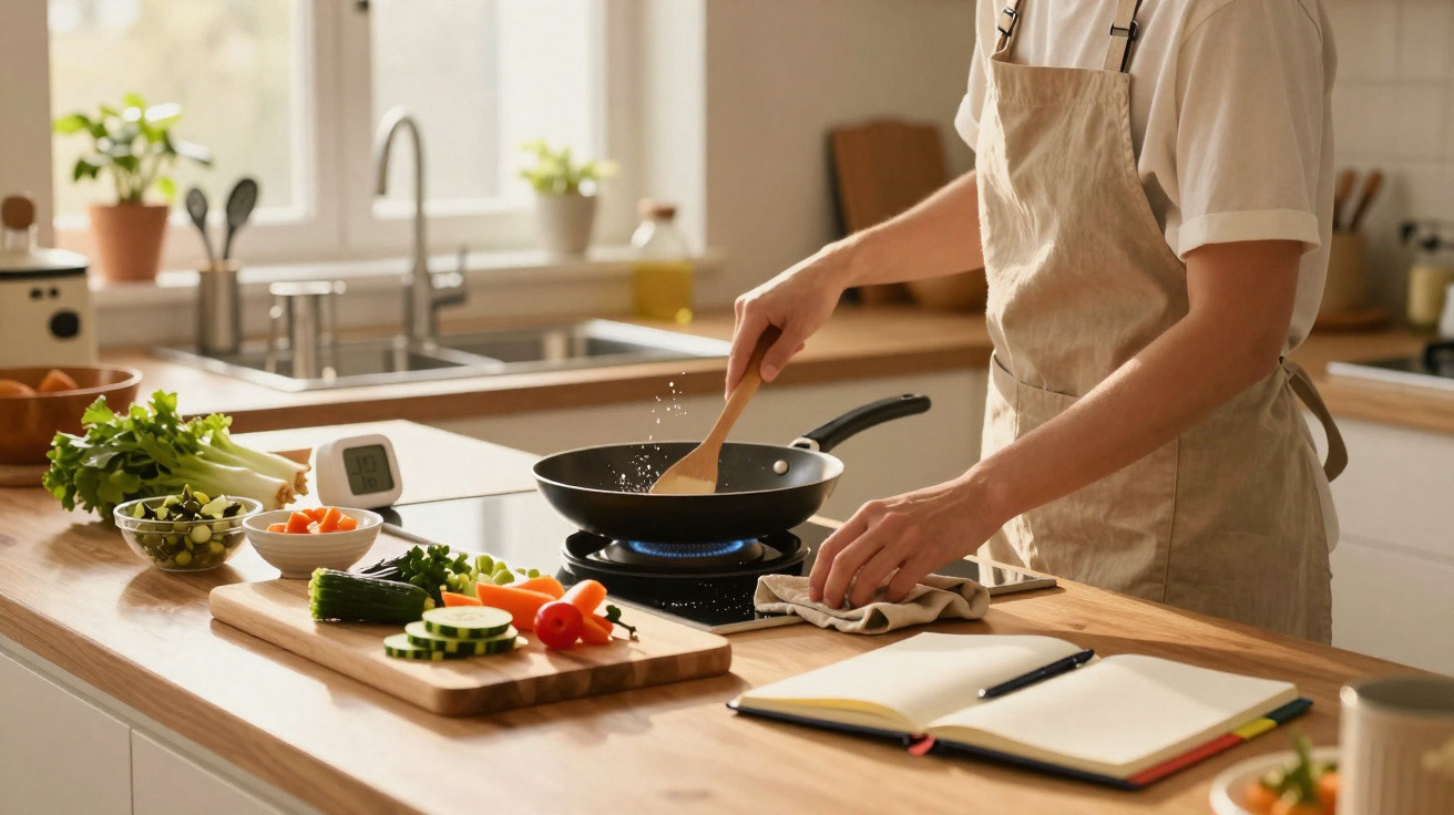 Pessoa a cozinhar numa cozinha moderna com vegetais frescos numa tábua e caderno aberto para anotações.