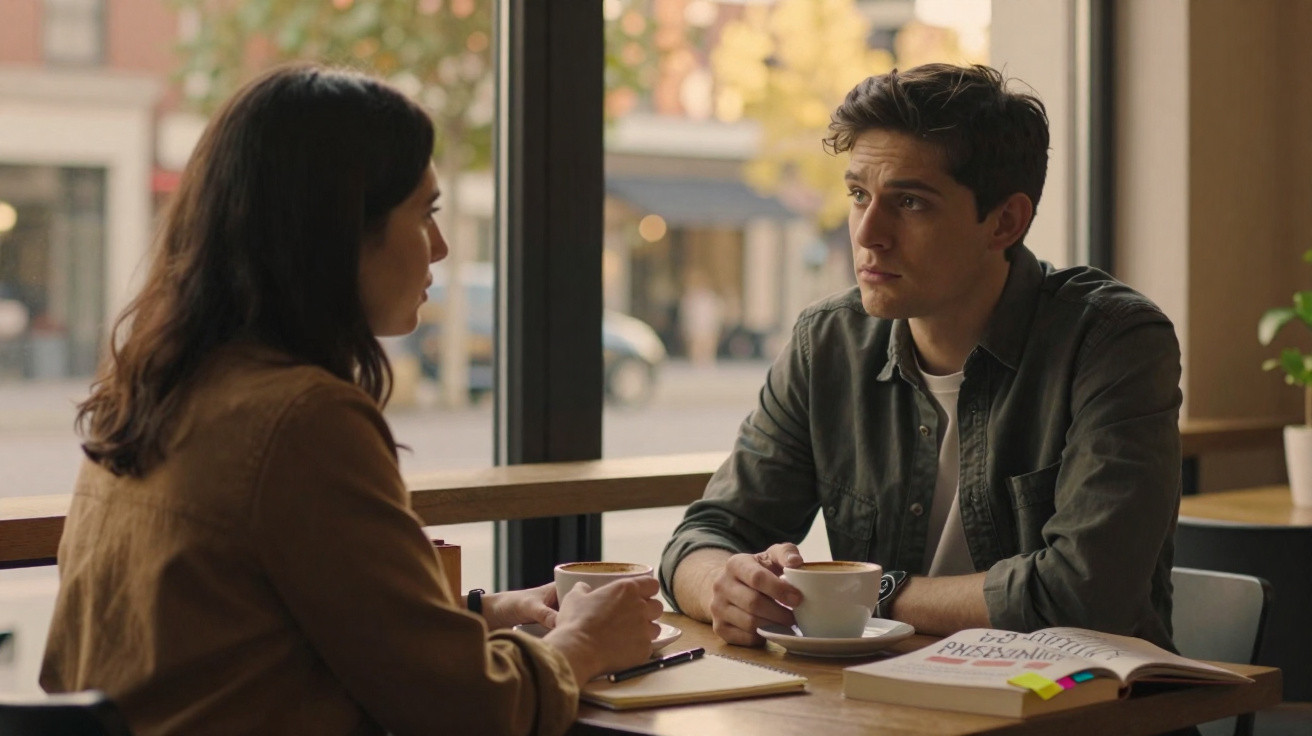 Homem e mulher sentados à mesa numa cafeteria, a conversar e beber café, com livro e caderno na mesa.