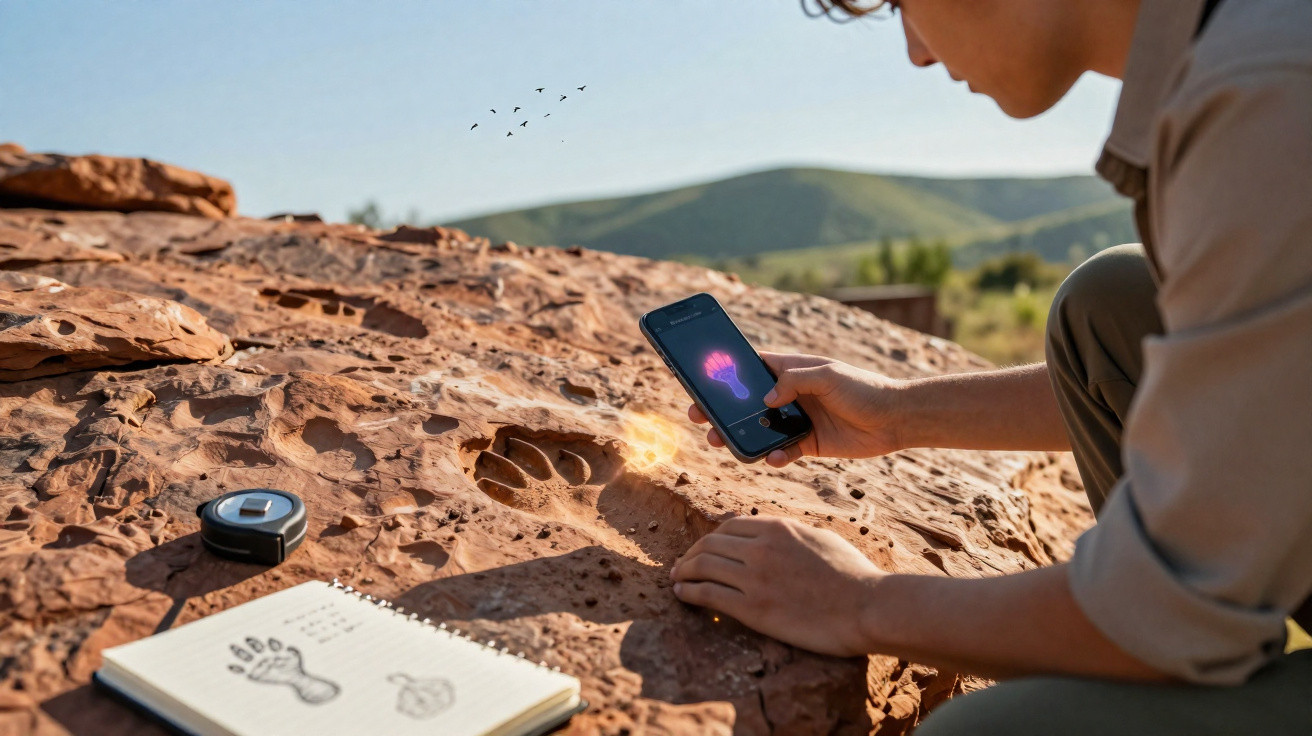Pessoa a examinar pegada fossilizada numa rocha com um telemóvel, desenho de pegada e fita métrica ao lado.