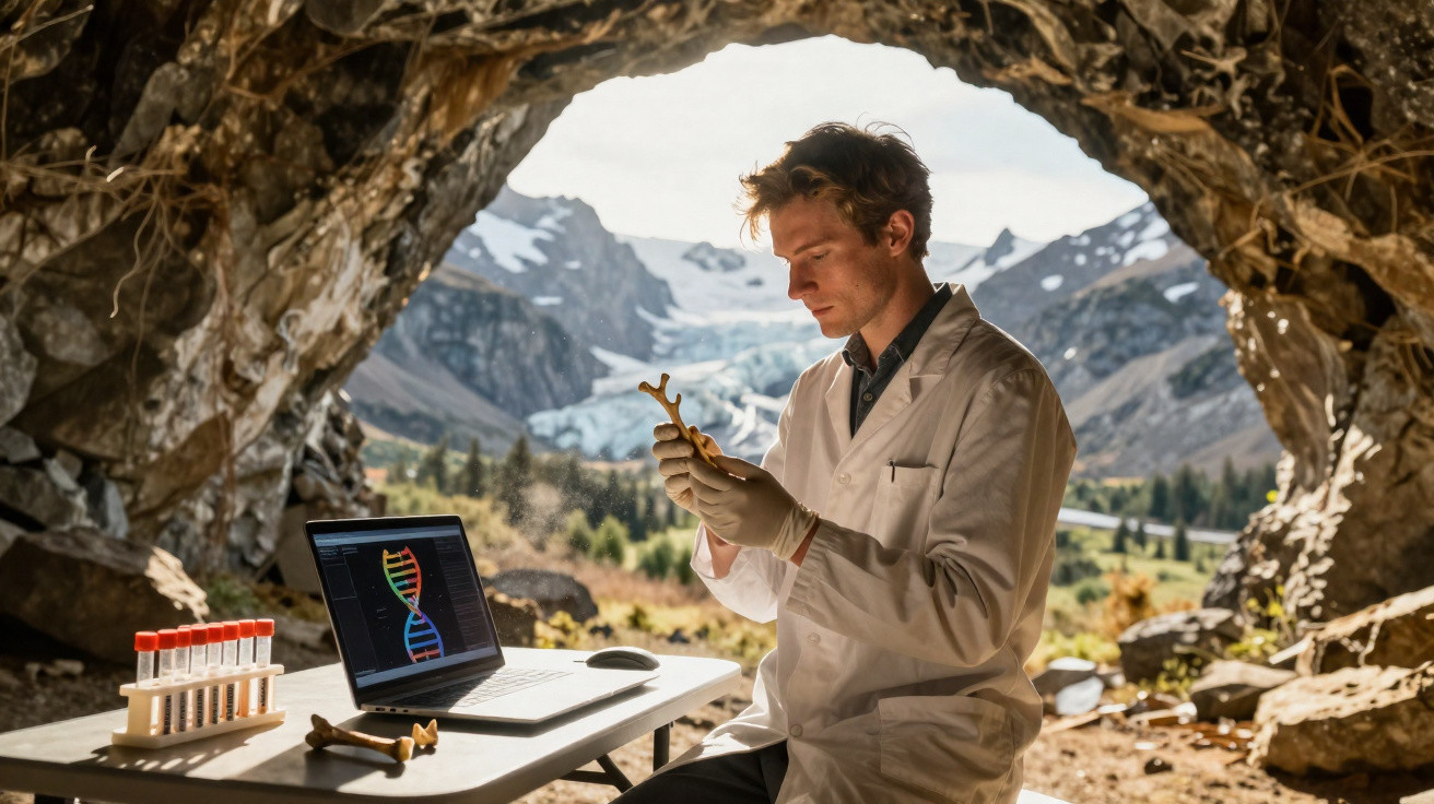 Cientista em bata branca examina osso numa caverna com montanhas e neve ao fundo, laptop com DNA ao lado.