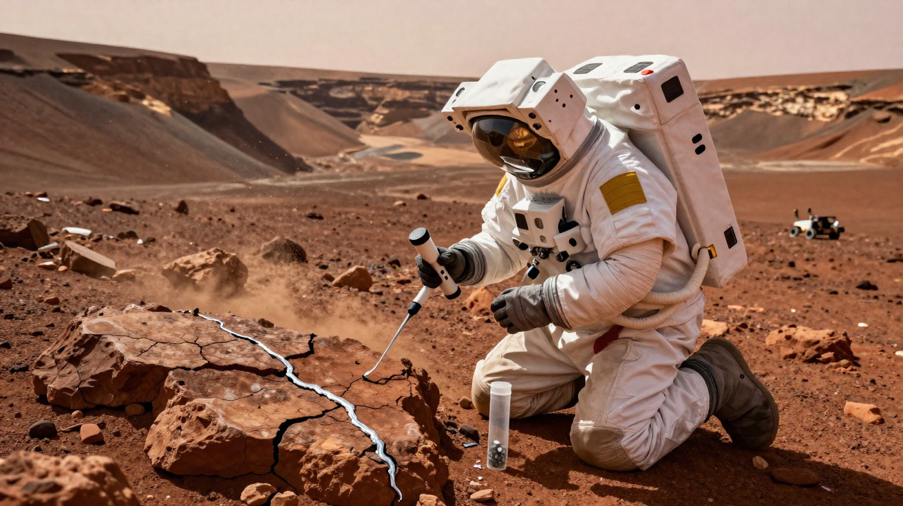 Astronauta em fato espacial examina uma rocha fracturada num terreno árido e avermelhado, simulando Marte.