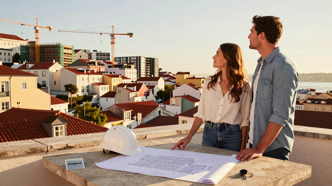 Casal jovem observa planos de construção sobre mesa em terraço com vista para cidade ao pôr do sol.