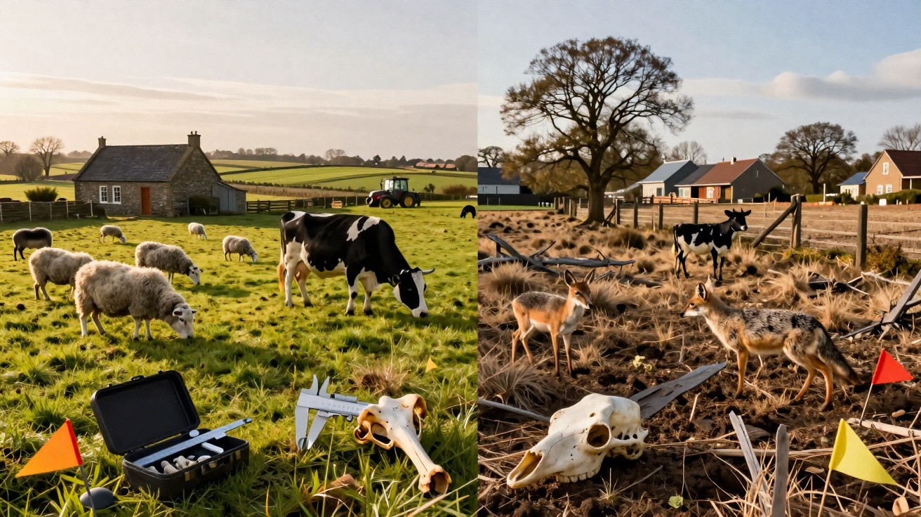 Paisagem rural dividida ao meio com animais vivos e seus esqueletos num campo cercado por casas e árvores.