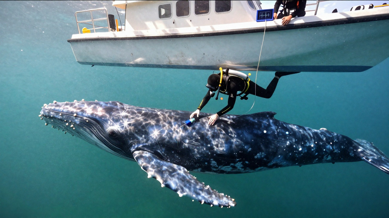 Mergulhador próximo a uma baleia-humpback na parte inferior de um barco no oceano claro.