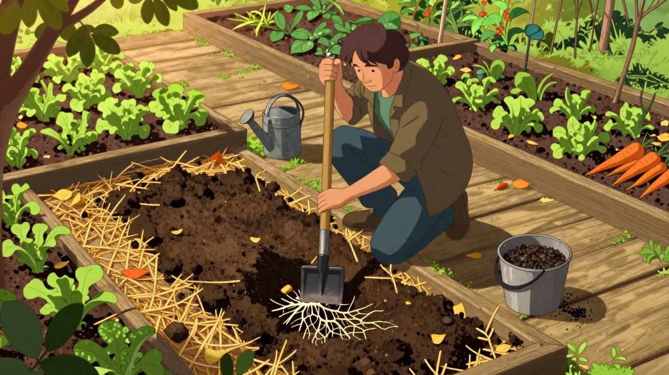 Pessoa a cavar terra num jardim com canteiros de legumes e regador ao lado.