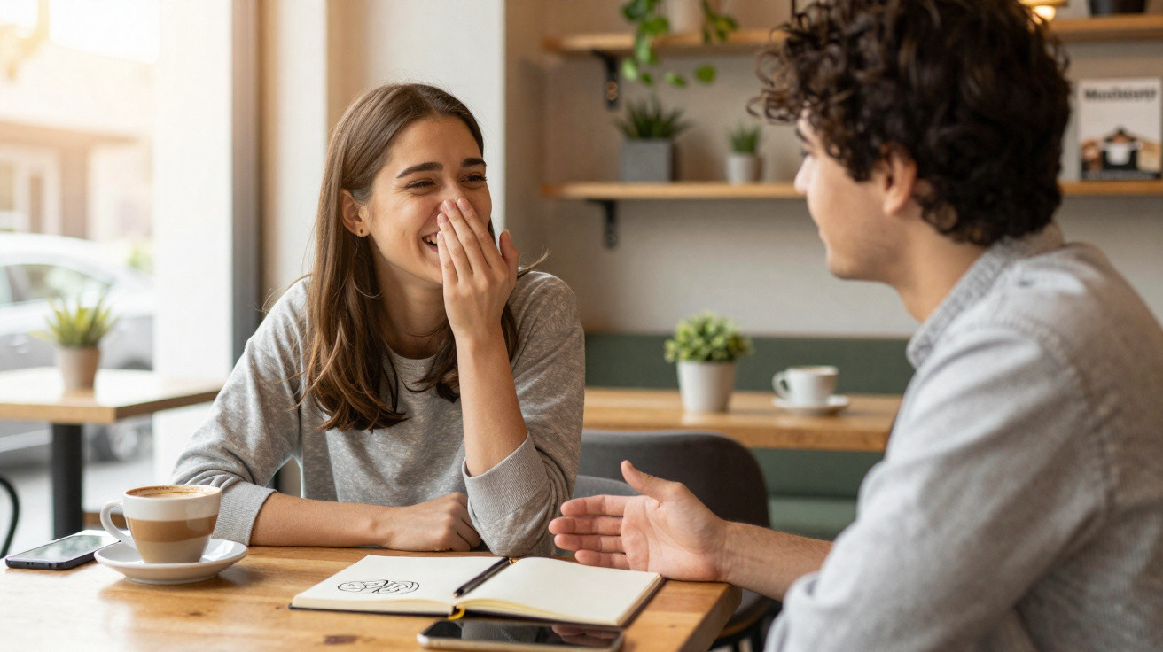 Mulher a rir enquanto conversa com homem numa esplanada, com café e caderno sobre a mesa.