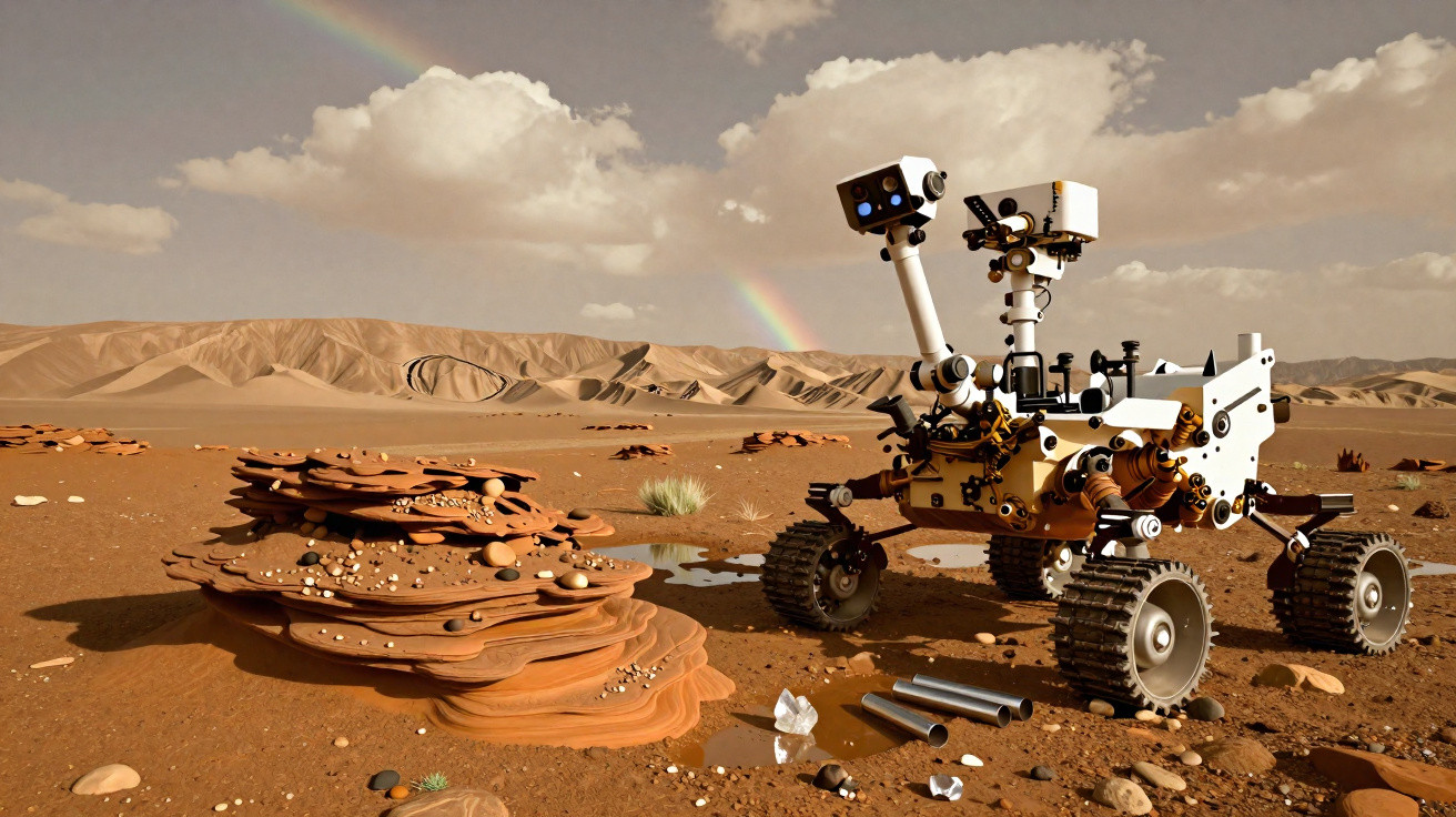 Rover exploratório em terreno árido com formações rochosas e arco-íris ao fundo sob céu nublado.