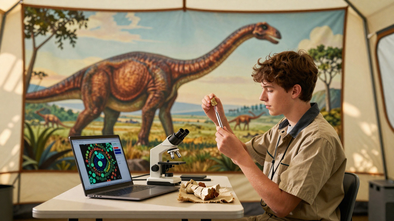 Jovem cientista examina fóssil com tela de laptop, microscópio e mural de dinossauro ao fundo.
