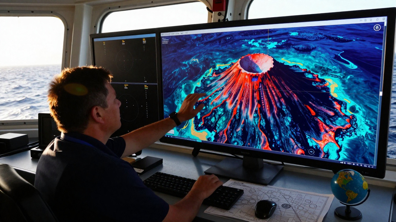 Homem observa e aponta para ecrã com imagem digital de vulcão ativo numa estação de monitorização marítima.