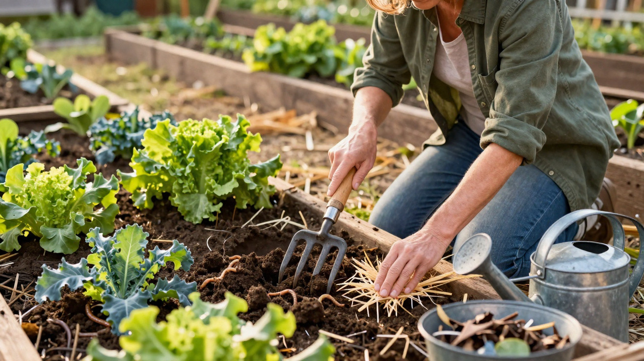 Pessoa a cuidar de plantações numa horta, usando um garfo de mão para preparar o solo.