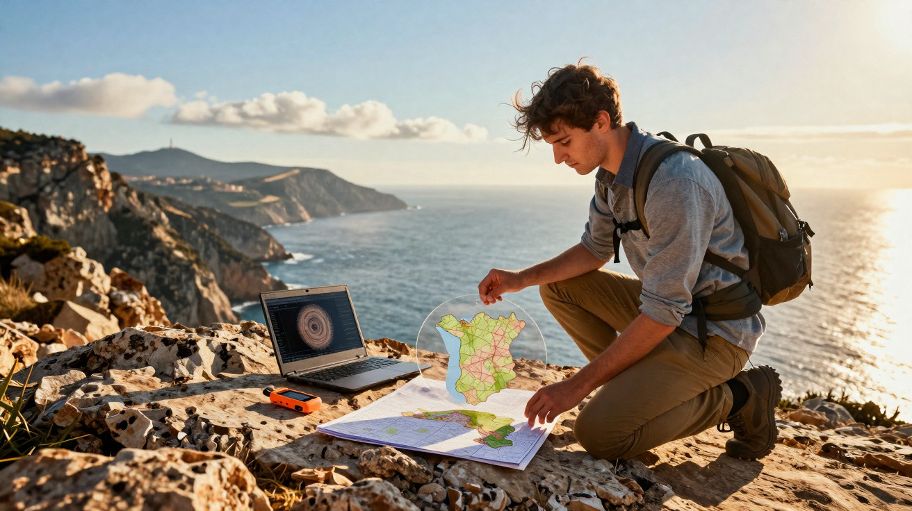 Jovem com mochila estuda mapas e usa portátil num rochedo junto ao mar ao pôr do sol.