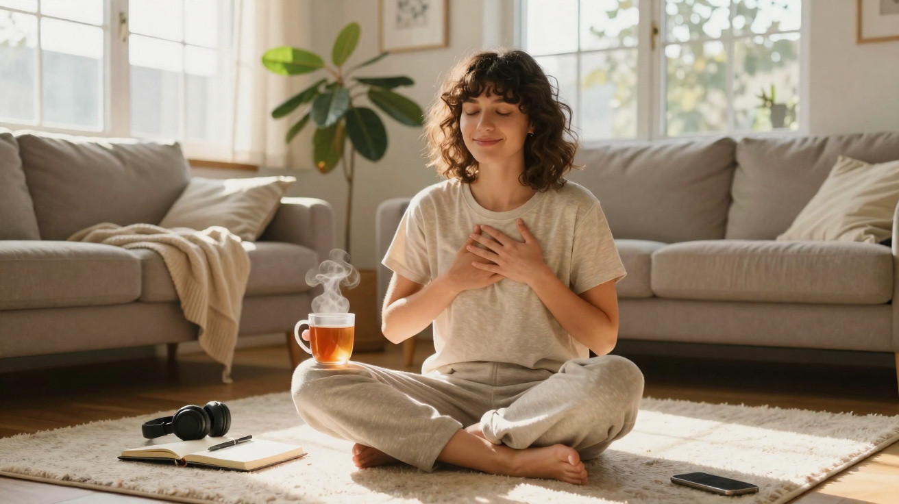 Mulher sentada no chão da sala, olhos fechados, mãos ao peito, rodeada de chá, caderno e headphones.