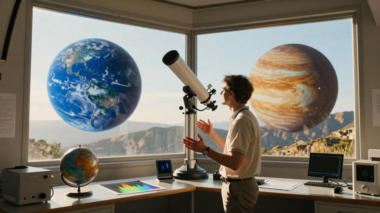 Homem observa planetas através de telescópio em sala com janelas grandes e equipamentos científicos.