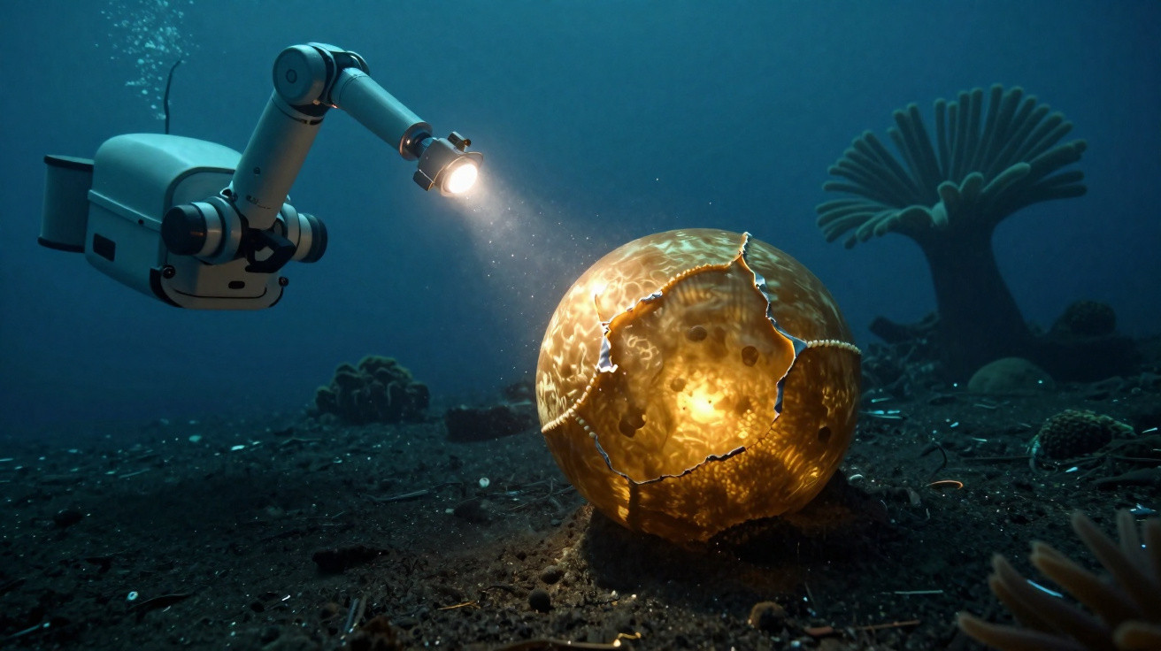 Braço robótico subaquático ilumina esfera dourada rachada no fundo do mar com corais ao redor.